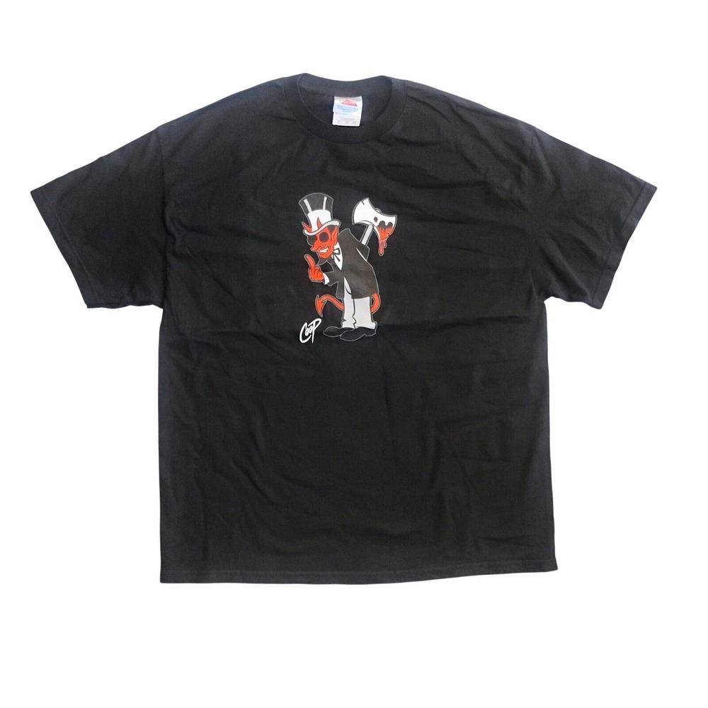 Coop Devil Graphic T-Shirt Black Tuxedo Bloody Axe Middle Finger XL Tee VTG 90's